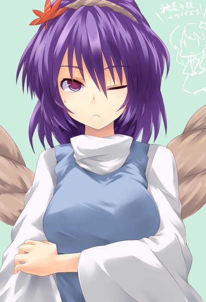 Anime picture 1400x2048 with touhou yasaka kanako miyo (ranthath) single tall image short hair purple eyes purple hair one eye closed wink girl rope