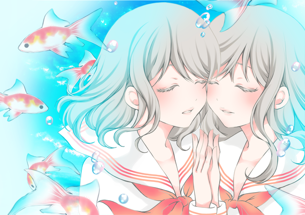 イラスト 1200x847 と オリジナル sheepd 長髪 赤面 前髪 短い髪 hair between eyes multiple girls upper body eyes closed grey hair couple holding hands shoujo ai cheek-to-cheek 女の子 制服 2人女子 動物 セーラー服