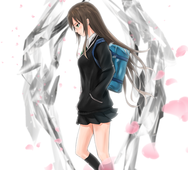 Anime picture 1192x1080 with idolmaster idolmaster cinderella girls shibuya rin tanikku single long hair blush fringe brown hair standing green eyes looking away bent knee (knees) pleated skirt hand in pocket girl skirt uniform school uniform earrings