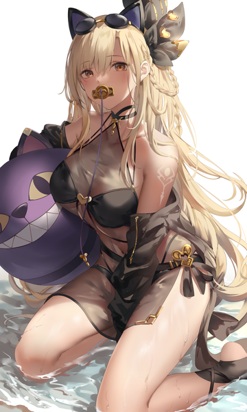 Anime picture 1500x2500 with granblue fantasy helel ben shalem suzuame yatsumi single long hair tall image looking at viewer blush fringe breasts light erotic simple background blonde hair hair between eyes large breasts white background brown eyes animal ears bent knee (knees) braid (braids)