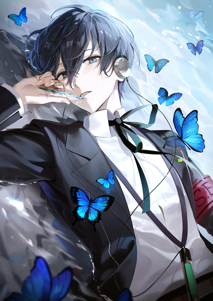 Anime picture 2892x4091 with persona 3 persona arisato minato aimitkkays single tall image looking at viewer fringe highres short hair blue eyes black hair hair between eyes lying on back partially submerged boy insect butterfly armband