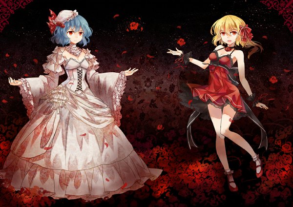Anime picture 1000x708 with touhou flandre scarlet remilia scarlet tsukii short hair open mouth blonde hair red eyes multiple girls blue hair girl dress flower (flowers) bow 2 girls hair bow petals frills bonnet