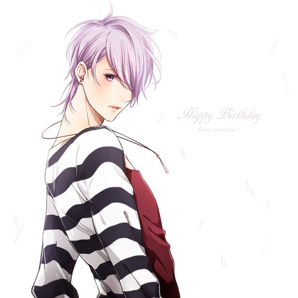 Anime picture 825x824 with lucky dog giulio di bondone komichi96 single blush fringe short hair simple background white background purple eyes looking away purple hair parted lips looking back hair over one eye piercing text ear piercing striped english
