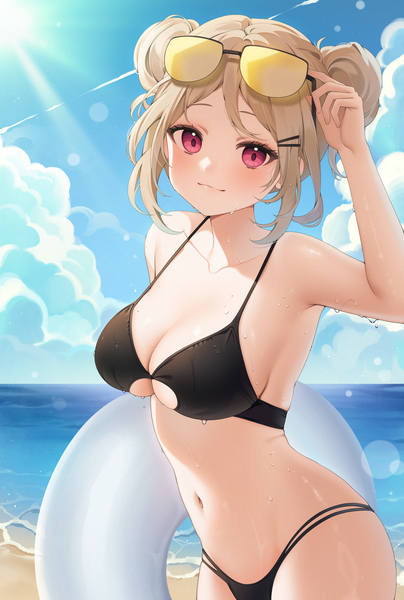 Anime picture 3100x4600 with girls frontline p90 (girls frontline) reel (riru) single tall image looking at viewer fringe highres short hair breasts light erotic red eyes brown hair large breasts standing absurdres sky cleavage cloud (clouds) outdoors
