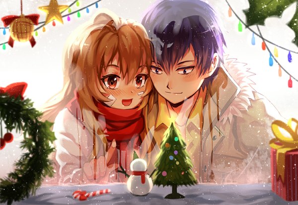 Anime picture 1181x813 with toradora j.c. staff aisaka taiga takasu ryuuji majiang long hair blush short hair open mouth smile brown hair purple eyes brown eyes blue hair couple christmas merry christmas bandaid on face girl boy