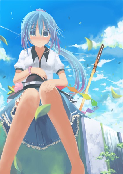 Anime picture 1200x1699 with touhou hinanawi tenshi ha ru single long hair tall image blue eyes sitting blue hair cloud (clouds) ponytail legs girl skirt weapon hat miniskirt sword katana leaf (leaves)