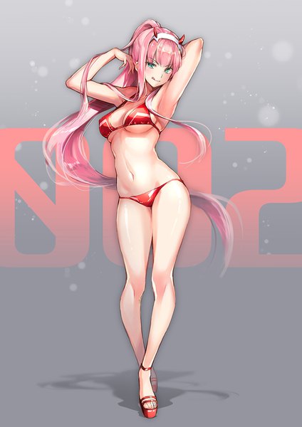 Anime picture 827x1169 with darling in the franxx studio trigger zero two (darling in the franxx) suishougensou single tall image blush fringe breasts light erotic standing bare shoulders payot pink hair cleavage full body ponytail very long hair horn (horns) aqua eyes