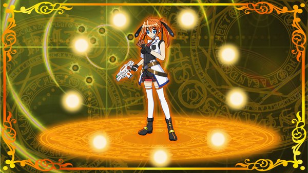 Anime picture 1280x720 with mahou shoujo lyrical nanoha mahou shoujo lyrical nanoha strikers teana lanster nanohamagica single looking at viewer fringe short hair blue eyes smile hair between eyes wide image standing twintails holding full body orange hair sleeveless short twintails framed