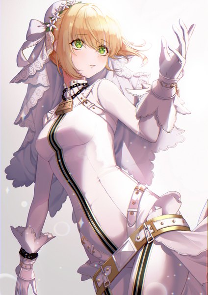 Anime-Bild 2480x3508 mit fate (series) fate/extra fate/extra ccc nero claudius (fate) nero claudius (bride) (fate) fastf44 single tall image blush fringe highres short hair simple background blonde hair hair between eyes green eyes looking away girl belt wrist cuffs