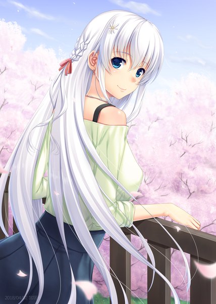Anime picture 710x995 with original miyai max single long hair tall image fringe blue eyes hair between eyes bare shoulders outdoors white hair looking back light smile wind cherry blossoms girl skirt ribbon (ribbons) hair ribbon petals