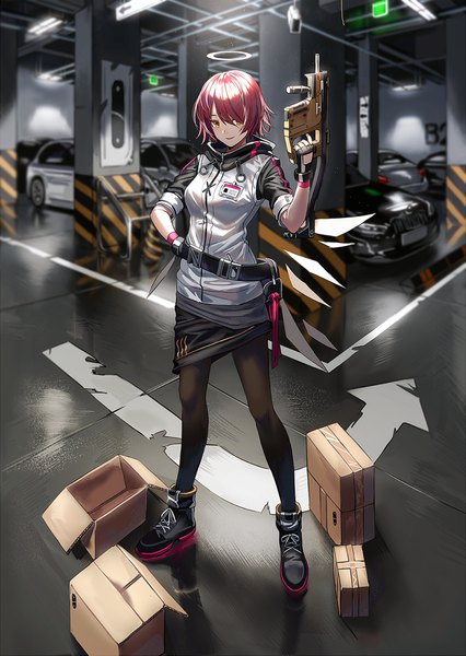 Anime picture 800x1126 with arknights exusiai (arknights) silence girl single tall image looking at viewer blush fringe short hair smile hair between eyes standing holding yellow eyes full body red hair indoors arm up hair over one eye short sleeves