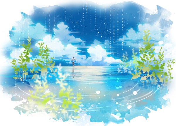 Anime picture 1241x890 with original hishi single short hair black hair signed sky cloud (clouds) barefoot from behind reflection angel wings angel boy plant (plants) wings water
