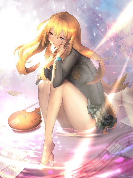 Anime picture 1000x1333 with shigatsu wa kimi no uso a-1 pictures miyazono kaori nal (artist) single long hair tall image fringe blue eyes light erotic blonde hair sitting bent knee (knees) pleated skirt barefoot sunlight bare legs no shoes plaid skirt sunbeam