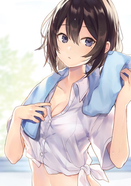 Anime picture 700x990 with original shugao single tall image fringe short hair breasts blue eyes light erotic black hair hair between eyes looking away cleavage upper body mole short sleeves midriff mole under eye partially open clothes front-tie top