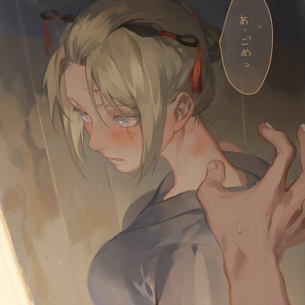 Anime picture 1000x1000 with gintama sunrise (studio) tsukuyo (gintama) coralstone single blush short hair blonde hair purple eyes looking away from above scar folded ponytail girl hair ornament speech bubble hand