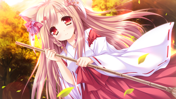 Anime picture 1280x720 with tayutama 2 mito kohaku single long hair looking at viewer blush red eyes brown hair wide image animal ears game cg traditional clothes japanese clothes miko girl bow plant (plants) hair bow tree (trees) leaf (leaves)