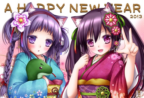 Anime picture 1200x816 with original shitou long hair looking at viewer blush open mouth red eyes purple eyes multiple girls animal ears purple hair braid (braids) cat ears cat girl new year 2013 girl hair ornament 2 girls