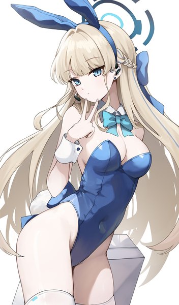 Anime picture 1000x1703 with blue archive toki (blue archive) toki (bunny) (blue archive) gya (144) single long hair tall image looking at viewer fringe breasts blue eyes light erotic simple background blonde hair standing white background bare shoulders animal ears tail blunt bangs