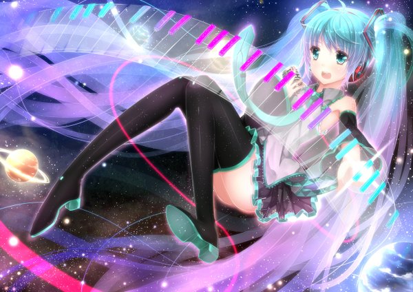 Anime picture 1228x868 with vocaloid hatsune miku swordsouls single long hair open mouth twintails full body aqua eyes aqua hair space girl detached sleeves necktie thigh boots planet