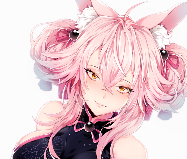 Anime picture 970x824 with fate (series) fate/grand order tamamo (fate) (all) koyanskaya souike single long hair looking at viewer fringe simple background hair between eyes white background animal ears yellow eyes pink hair ahoge upper body from above hair bun (hair buns) fox ears