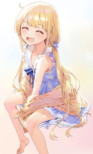 Anime picture 1000x1650 with idolmaster idolmaster cinderella girls idolmaster cinderella girls starlight stage futaba anzu modare single long hair tall image looking at viewer blush fringe simple background blonde hair sitting twintails payot ahoge bent knee (knees) eyes closed barefoot
