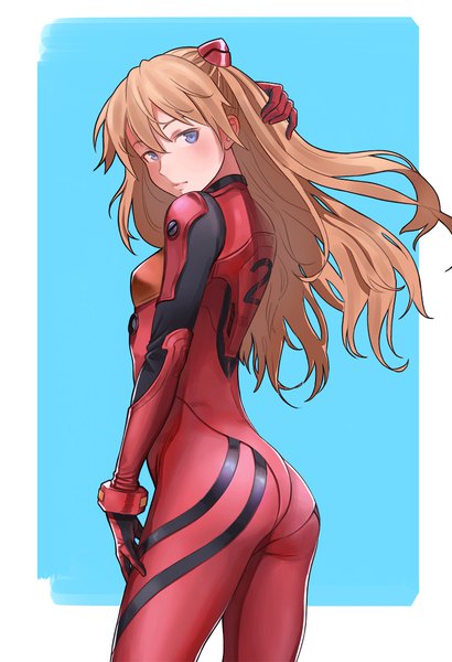 Anime picture 800x1171 with neon genesis evangelion gainax soryu asuka langley cheshirrr single long hair tall image looking at viewer blush fringe blue eyes simple background hair between eyes brown hair standing head tilt looking back from behind two side up floating hair