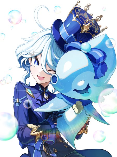 Anime picture 1484x1977 with genshin impact furina (genshin impact) kyamagwi single tall image fringe short hair open mouth blue eyes hair between eyes ahoge white hair one eye closed hug ;d girl bubble (bubbles) top hat