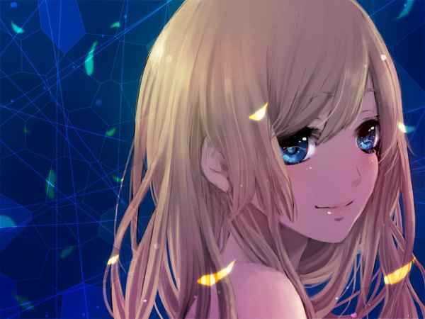 Anime picture 1024x768 with original mdk (m-kuri) single long hair blush blue eyes blonde hair smile lips close-up girl petals thread marionette