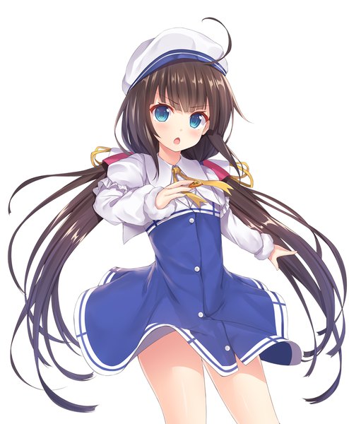 Anime picture 800x971 with ryuuou no oshigoto! hinatsuru ai rennkuu single long hair tall image blue eyes simple background brown hair standing white background twintails ahoge :o low twintails girl beret shougi