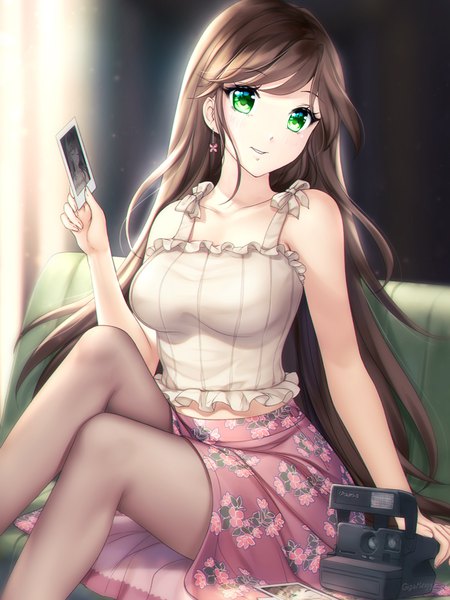 Anime picture 750x1000 with original gigamessy single long hair tall image looking at viewer blush fringe breasts smile brown hair sitting holding green eyes signed indoors parted lips floral print girl skirt