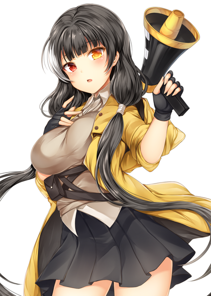 Anime picture 2000x2800 with girls frontline ro635 (girls frontline) zerocat single tall image looking at viewer blush fringe highres breasts open mouth black hair simple background red eyes large breasts standing white background twintails holding yellow eyes