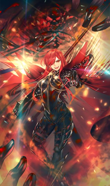 Anime picture 893x1500 with fate (series) fate/grand order koha-ace oda nobunaga (fate) (all) oda nobunaga (maou avenger) (fate) teddy (khanshin) single long hair tall image looking at viewer fringe open mouth smile red eyes standing red hair head tilt :d hair over one eye teeth