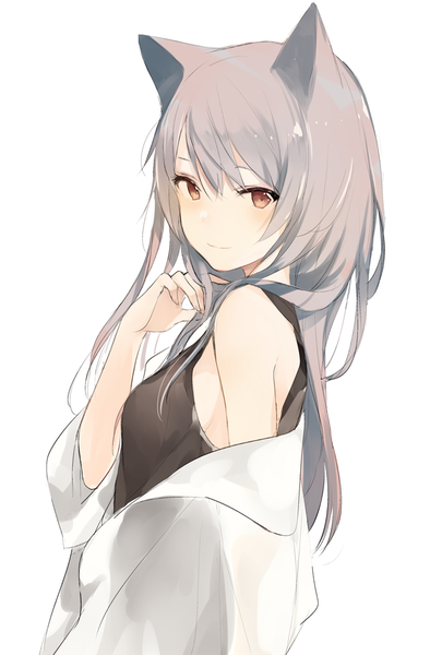 Anime picture 650x988 with original lpip single long hair tall image looking at viewer blush fringe breasts simple background hair between eyes white background brown eyes animal ears upper body light smile grey hair cat ears off shoulder girl