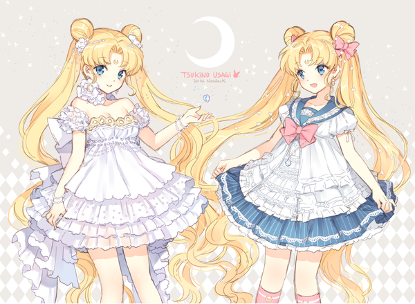Anime picture 1000x733 with bishoujo senshi sailor moon toei animation tsukino usagi nardack open mouth blue eyes blonde hair smile twintails multiple girls very long hair crescent dual persona girl dress hair ornament bow 2 girls frills moon
