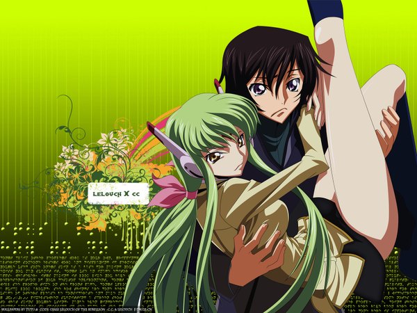 Anime picture 1600x1200 with code geass sunrise (studio) c.c. lelouch lamperouge long hair fringe short hair breasts black hair simple background hair between eyes purple eyes holding yellow eyes ahoge long sleeves green hair light smile legs character names