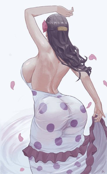 Anime picture 8496x13854 with one piece toei animation viola (one piece) zefrableu single long hair tall image highres breasts light erotic black hair simple background large breasts standing white background absurdres ass arm up hair flower from behind