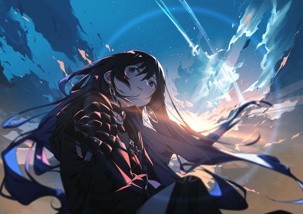 Anime picture 2000x1414 with original shiomi (lowrise) single long hair blush fringe highres blue eyes black hair hair between eyes looking away cloud (clouds) upper body outdoors wind sunlight night mole from below night sky