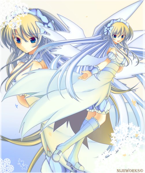 Anime picture 2500x2991 with original nijiiru (artist) long hair tall image highres open mouth blue eyes blonde hair looking away dual persona girl dress wings boots headdress white dress