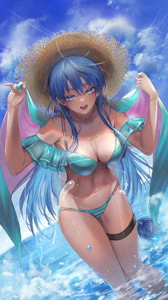 Anime picture 3287x5846 with yu-gi-oh! shuangyijiu single long hair tall image looking at viewer blush fringe highres breasts open mouth blue eyes light erotic smile hair between eyes large breasts standing blue hair absurdres sky