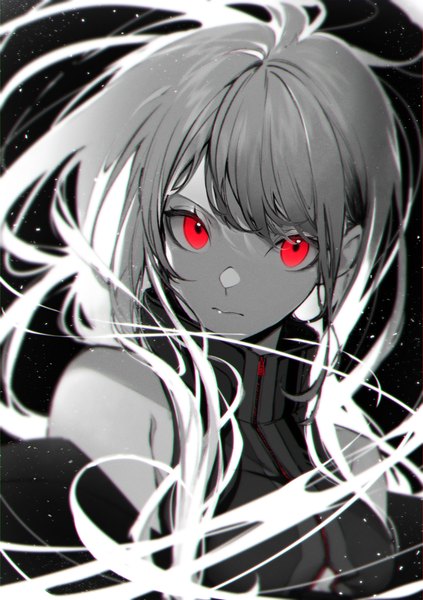 Anime picture 2000x2835 with original kuwashima rein single long hair tall image looking at viewer fringe highres simple background red eyes bare shoulders upper body floating hair black background monochrome expressionless spot color girl turtleneck zipper