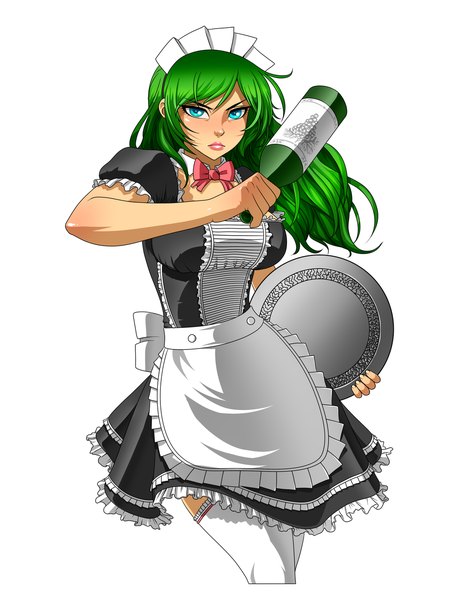 Anime picture 1024x1365 with maids vs butlers: card battle go! (game) ume shiroma ronin dude (ray cornwell) single long hair tall image looking at viewer blush blue eyes simple background white background green hair maid girl thighhighs white thighhighs bottle tray