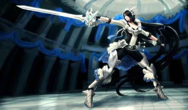 Anime picture 1765x1042 with league of legends fiora (league of legends) edward montenegro long hair highres black hair wide image black eyes girl hair ornament weapon sword armor dagger