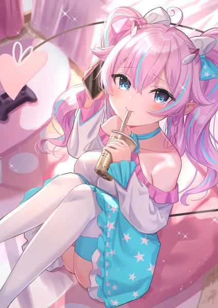 Anime picture 2894x4093 with virtual youtuber indie virtual youtuber tenshimi (vtuber) tsukiman single long hair tall image looking at viewer blush fringe highres blue eyes hair between eyes sitting twintails bare shoulders holding payot pink hair indoors