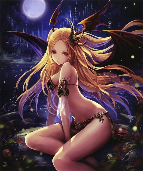 Anime picture 3670x4381 with shingeki no bahamut tachikawa mushimaro (bimo) single long hair tall image looking at viewer highres light erotic blonde hair red eyes sitting bare shoulders absurdres scan bare belly head wings girl hair ornament flower (flowers) plant (plants)