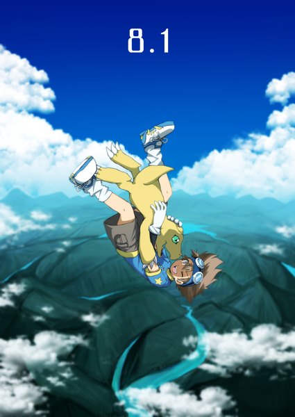 Anime picture 1660x2344 with digimon digimon adventure yagami taichi agumon tsukamoto minori tall image short hair open mouth brown hair brown eyes sky cloud (clouds) one eye closed wink hug landscape sunglasses on head falling boy gloves