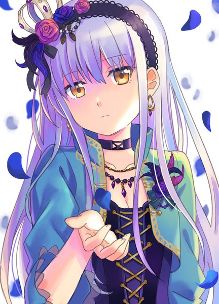 Anime picture 1081x1500 with bang dream! minato yukina shati single long hair tall image fringe hair between eyes yellow eyes cleavage silver hair upper body head tilt shaded face outstretched hand girl earrings petals choker hairband