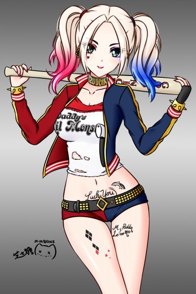 Anime picture 867x1300 with batman suicide squad dc comics harley queen nagi-the-cheese (ppshex) single tall image looking at viewer short hair breasts blue eyes light erotic blonde hair simple background smile standing twintails blue hair pink hair fingernails