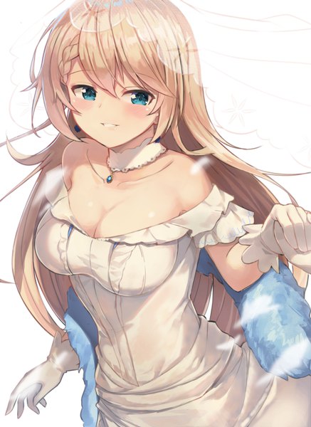 Anime picture 1200x1646 with girls frontline g36 (girls frontline) motokonut long hair tall image blush fringe breasts simple background smile hair between eyes white background bare shoulders looking away cleavage upper body braid (braids) aqua eyes from above fur trim