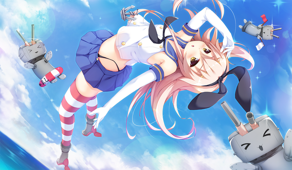 Anime picture 1280x750 with kantai collection shimakaze destroyer rensouhou-chan kusunoki (escude) long hair blush open mouth blonde hair wide image yellow eyes sky cloud (clouds) couple girl thighhighs skirt gloves weapon miniskirt elbow gloves