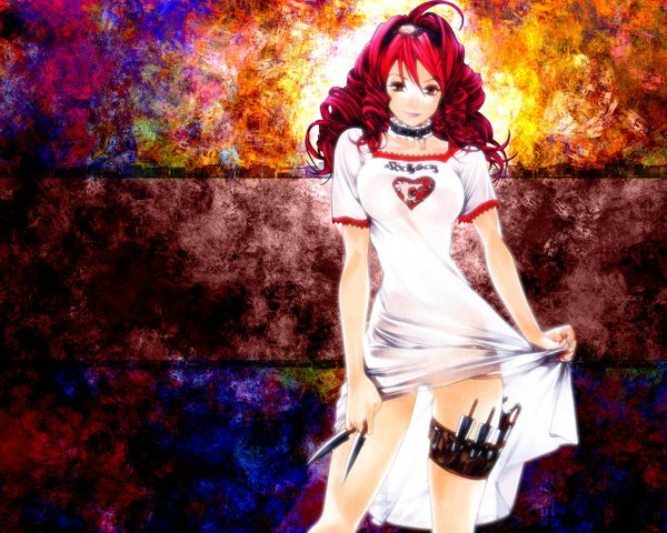 Anime picture 1280x1024 with tenjou tenge isuzu emi oogure ito single long hair looking at viewer fringe breasts light erotic smile hair between eyes red eyes large breasts ahoge red hair wallpaper drill hair third-party edit dress lift curly hair